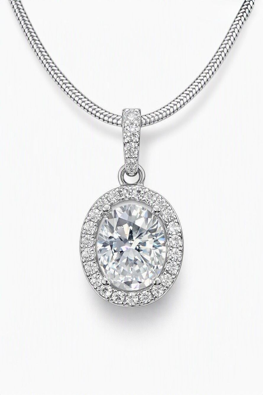 Elegant Sterling Silver Moissanite Halo Oval Pendant 1.68โฏCT With Necklace Chain